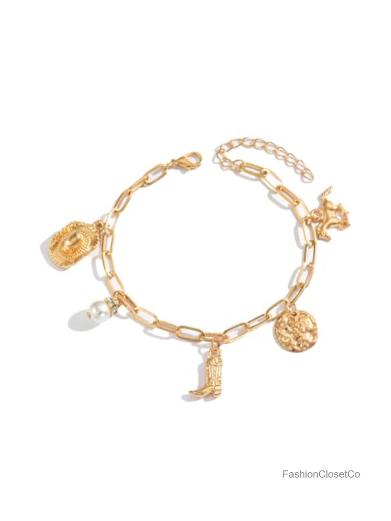 Chunky Gold Charm Bracelet Adjustable Western Cowboy Boot Horse Pearl Jewelry